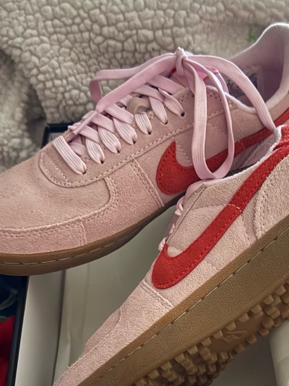 Nike Pink Suede Sneakers with Red Swoosh and Gum Sole